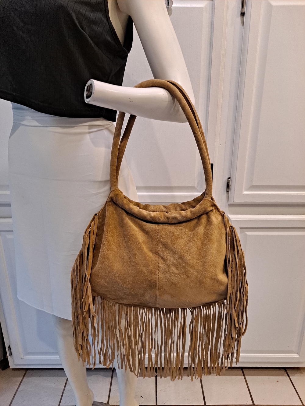 Newport News Easy Style Vintage Tan Suede Fringe Shoulder Bag Boho Saddlebag - Picture 11 of 11